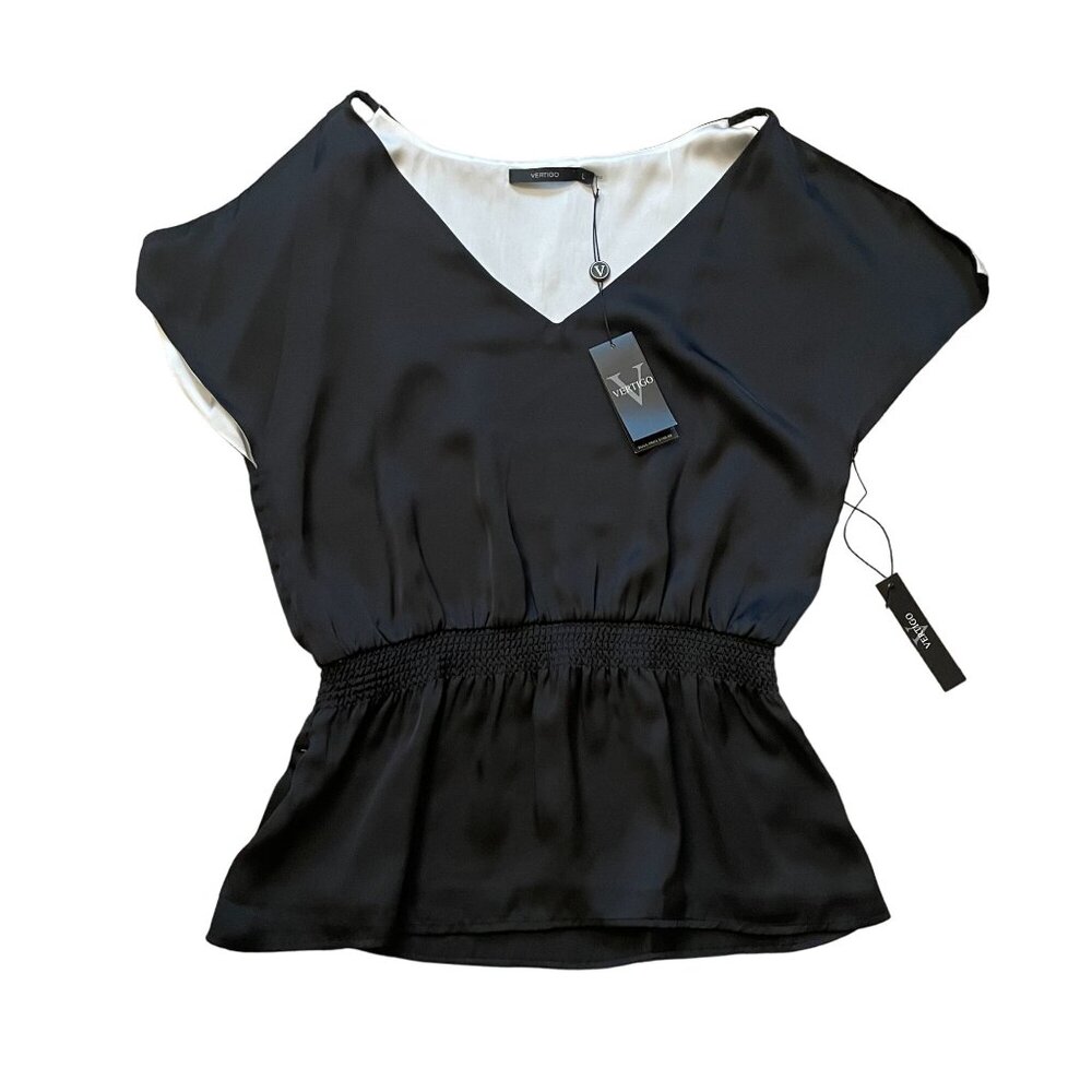 NWT Vertigo Empire Waist V-Neck Blouse Top Women's Large Black Special Occasion